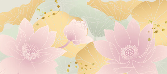 Wall Mural - luxury gold summer and spring floral background vector. natural botanical elegant with lotus flower 