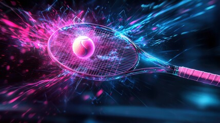 Wall Mural - Glowing tennis ball in dynamic motion after being hit by a racket in an abstract neon infused digital showcasing the power speed and energy of the sport