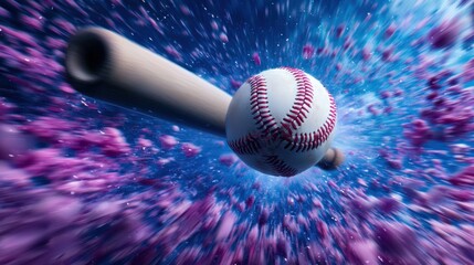 Wall Mural - High speed baseball bat mid impact with a glowing illuminated ball surrounded by a vibrant color explosion and blurred motion  Dynamic sports equipment and equipment in action