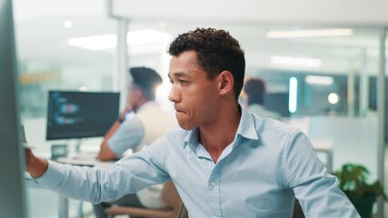 Leinwandbilder - Businessman, software developer and writing with computer for programming or web design at office desk. Man, programmer or notes with code for future innovation, UX or AI development at workplace
