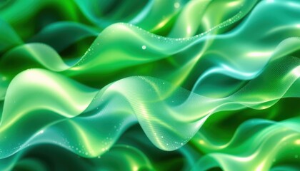 Poster - abstract green waves with light particles flowing in dynamic motion