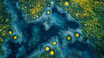 Poster - Abstract digital artwork, vibrant blue and green textures with glowing yellow accents, suitable for tech or nature themes.
