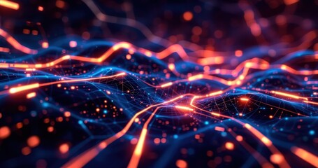 Fototapete - Futuristic digital landscape with neon lights and grid patterns