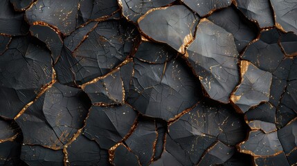 Poster - Abstract black and gold cracked surface with textured layers and metallic highlights