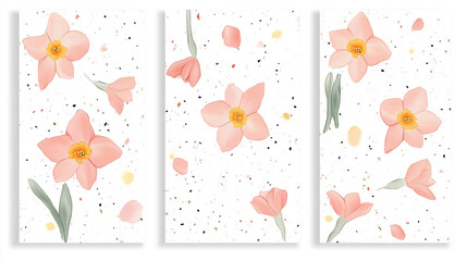 Wall Mural - Dainty little flowers, watercolor style, large white open background, A floral pattern featuring various colorful flowers and leaves on a light background.