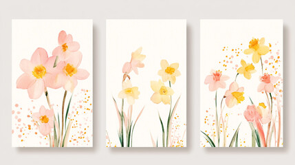 Wall Mural - Dainty little flowers, watercolor style, large white open background, A floral pattern featuring various colorful flowers and leaves on a light background.