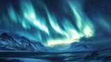 Aurora Borealis over Snowy Mountains and Frozen Lake