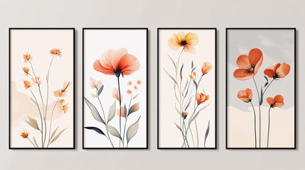 Wall Mural - abstract, art, backdrop, background, banner, blur, brochure, business, collection, color, cover, creative, Different pastel-colored flowers on a white background, each in one canvas, in a minimalist s