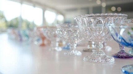 Crystal bowls display, bright interior, sunlit background, for home decor