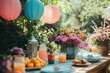 © kardaska - Festive garden party table setting decorated with colorful flowers, paper lanterns, and refreshments