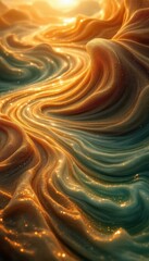 Poster - Glowing abstract waves of gold and green with sparkling light