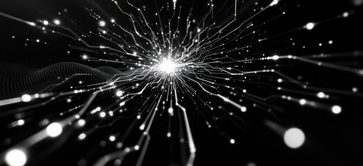 Fototapete - Black and white abstract digital network with glowing connections