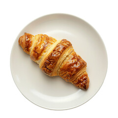 Golden flaky croissant on white plate, top view, isolated on white background.