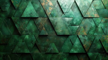 Poster - Abstract geometric green triangle pattern with textured surfaces and angular overlays