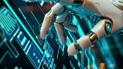 Poster - Robotic hand interacting with futuristic digital interface in motion