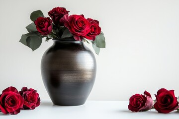 Wall Mural - Elegant red roses in dark vase on white background