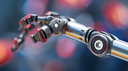 Poster - Close-up of advanced robotic arm with metallic and red accents performing precise movements in a futuristic medical research facility, symbolizing innovation and AI-driven healthcare technology.