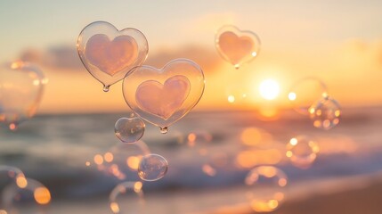 Wall Mural - Heart-shaped bubbles floating at sunset beach photography serene atmosphere close-up view romantic concept for love and beauty