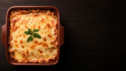 Bubbling lasagna topped with melted cheese and fresh herbs in br