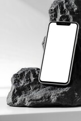 Wall Mural - Smartphone Mockup With A White Screen Against Black Rock , In A Minimalist Composition, Contrasting Technology With Nature In Black And White