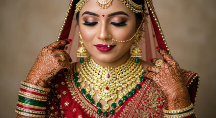 Wall Mural - Portrait of a Indian woman bride in traditional Indian attire and mehndi art on her hand.