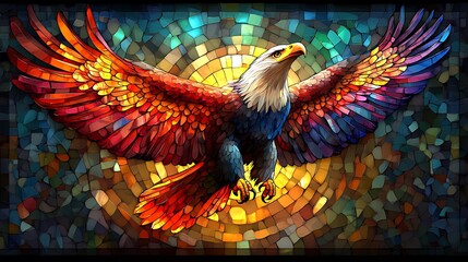 Wall Mural - Majestic eagle mosaic, sunrise flight, vibrant artwork, wall art