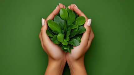 Wall Mural - Nurturing New Growth: A pair of hands gently cradle a cluster of vibrant green leaves against a backdrop of verdant green, symbolizing the care and protection of nature and sustainability.