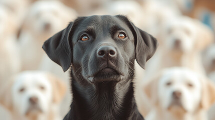 black lab focus: a black labrador retriever stands out from the crowd of golden retrievers, its pier