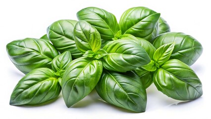 Fresh Green Basil Leaves Piled on White Background for Culinary Use