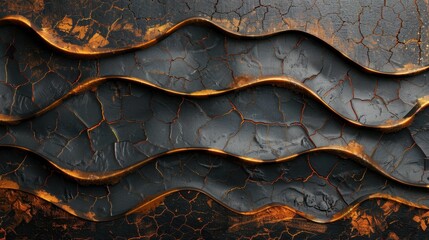 Poster - Abstract metallic waves on cracked surface with gold and black color scheme