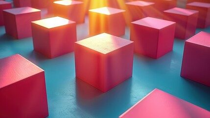 Poster - Geometric pink cubes in sunlit abstract arrangement on blue surface