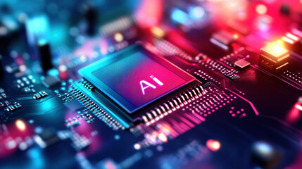 Fototapete - Modern computer chip with AI inscription. AI generative.