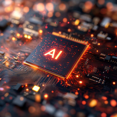 Fototapete - Modern computer chip with AI inscription. AI generative.