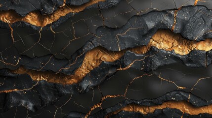 Poster - Abstract gold and black cracked surface with textured layers and metallic sheen