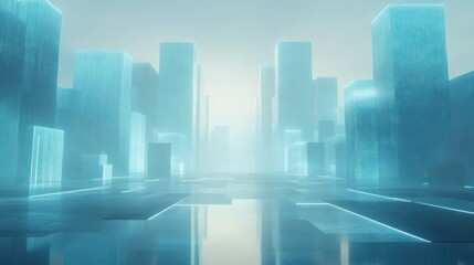 Wall Mural - Futuristic city skyline with glowing blue buildings and reflective ground.