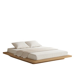Aufkleber - A minimalist modern platform bed with a low wooden frame and crisp white linen bedding.