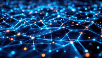 Fototapete - Abstract blue and orange glowing network with connected dots