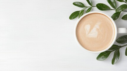 Wall Mural - Latte art coffee cup, green leaves, white wood.  Relaxing morning drink