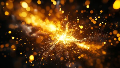 Wall Mural - golden energy burst, sparks, dark background, abstract design