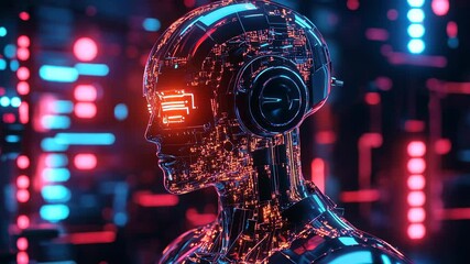 Aufkleber - Futuristic cyborg with glowing eyes analyzing digital data in a neon matrix environment