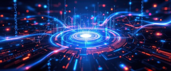 Fototapete - Futuristic digital interface with illuminated data streams and circuits
