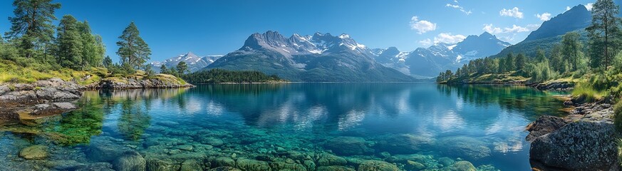  Serene Mountain Lake Panorama: A Breathtaking View of Crystal Clear Waters and Majestic Peaks