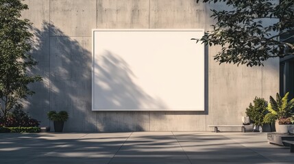 Poster - blank white square frame mockup hanging on a concrete wall surrounded by greenery in a modern outdoo