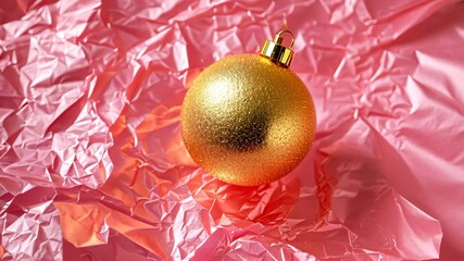 Poster - Sparkling gold ornament rotating on crinkled pink surface with dynamic light play