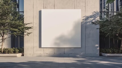 Poster - Blank White Square Poster Mockup on Outdoor Concrete Wall Surrounded by Greenery in Modern Architecture Setting