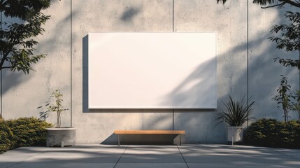 Poster - White Blank Square Poster Mockup on Outdoor Concrete Wall with Green Plants and Wooden Bench, Ideal for Advertising and Creative Designs