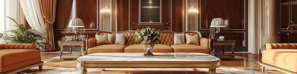A professional virtual background of a luxurious office lounge with a marble coffee table and elegant decor