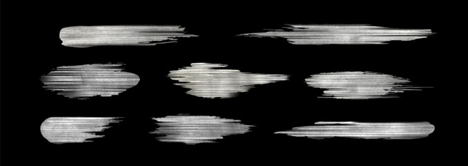Poster - Silver foil brush strokes set - metallic shiny smears, swipes and streaks with textured gleaming effect on black background. Various shapes of reflective paint swashes. Elegant decorative elements.