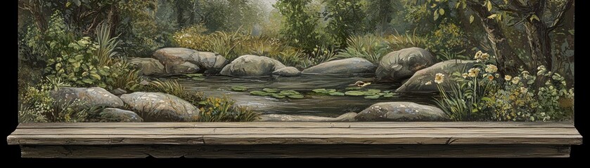 Wall Mural - Tranquil stream flows through lush forest, rocks & plants.  Nature scene background for websites