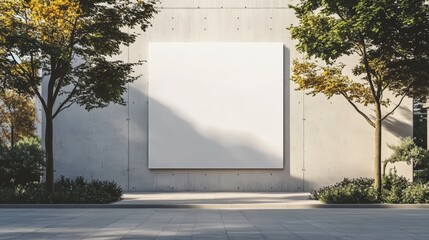 Poster - Empty White Square Poster Space on a Concrete Wall Surrounded by Trees and Greenery in an Outdoor Urban Environment